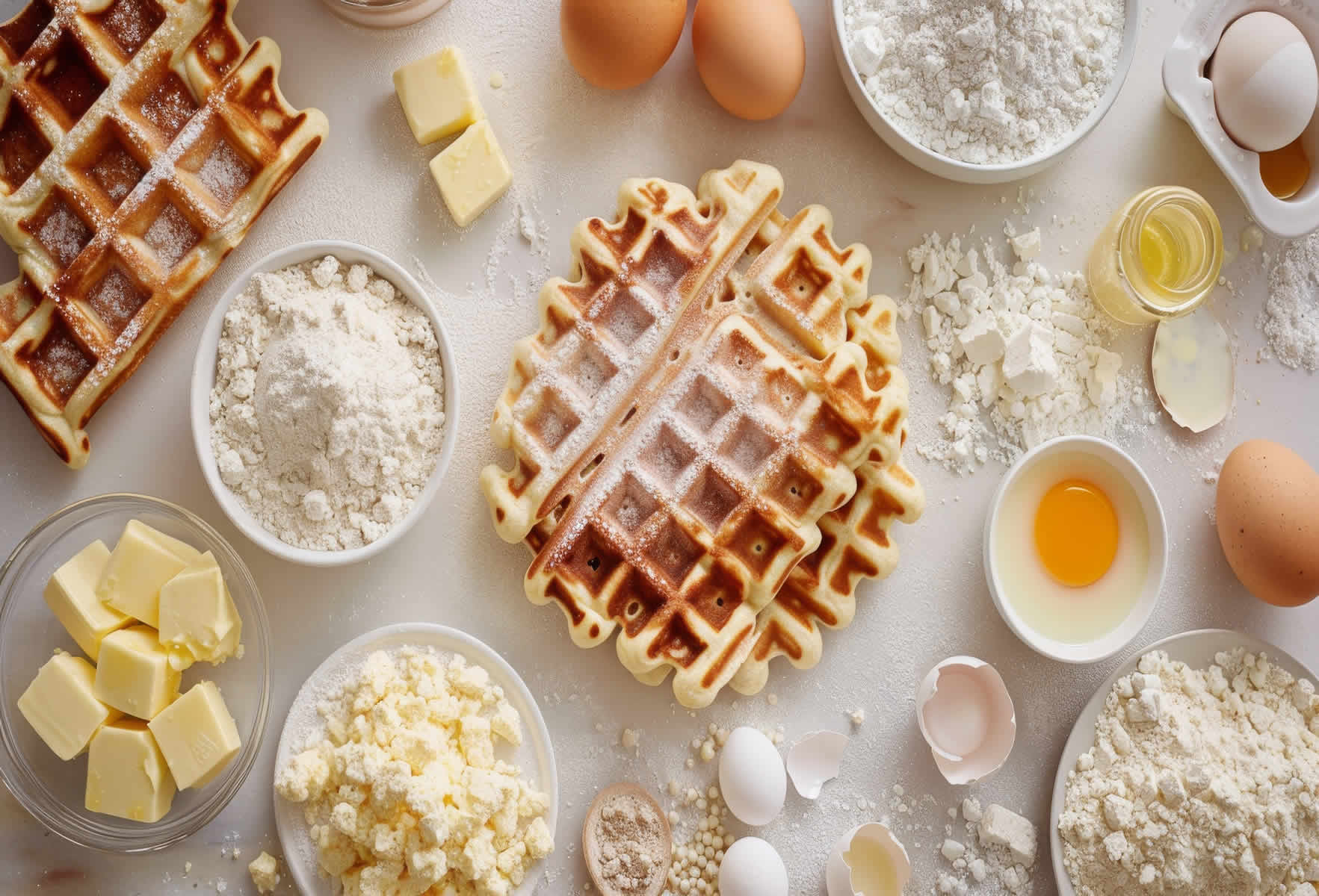 A waffle displayed on a table with baking ingredients including flour, whole and cracked eggs, and butter.